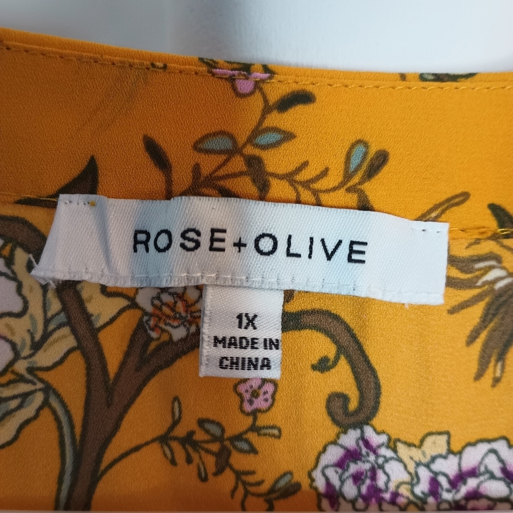 Rose Olive 1X Peacock Floral Peasant Blouse Top Mustard Yellow Button Flowy Boho - Picture 9 of 13